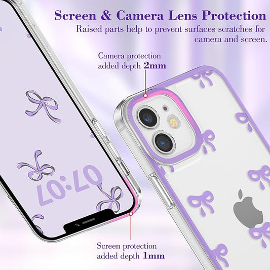 EYZUTAK Case for iPhone 12, Clear Cute Ribbon Bowknot Pattern Aesthetic Transparent Phone Case Raised Camera Protection Stylish Slim Soft Durable TPU Protective Cover for Women Girls - Purple