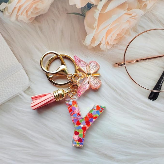 Cute Initial Letter Keychains for Women Girls Tassel Butterfly Pink Purple Green Keychain for Backpack School Bag