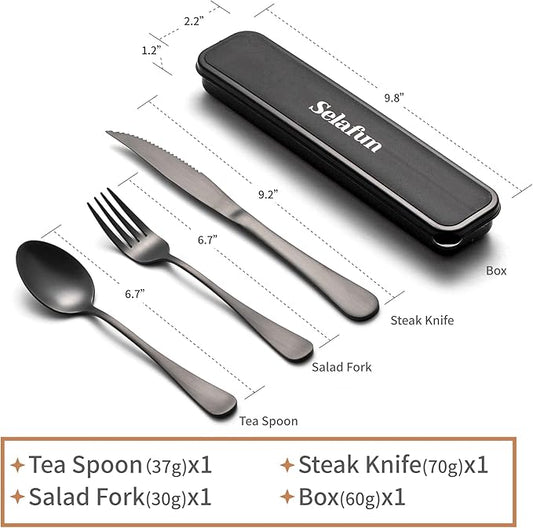 4-pieces Travel Set with Case Portable Silverware Utensils Set for work, Stainless Steel Reusable Flatware Set Cutlery Set for Camping Picnic Hiking Office (6.7inch, Matte Black)