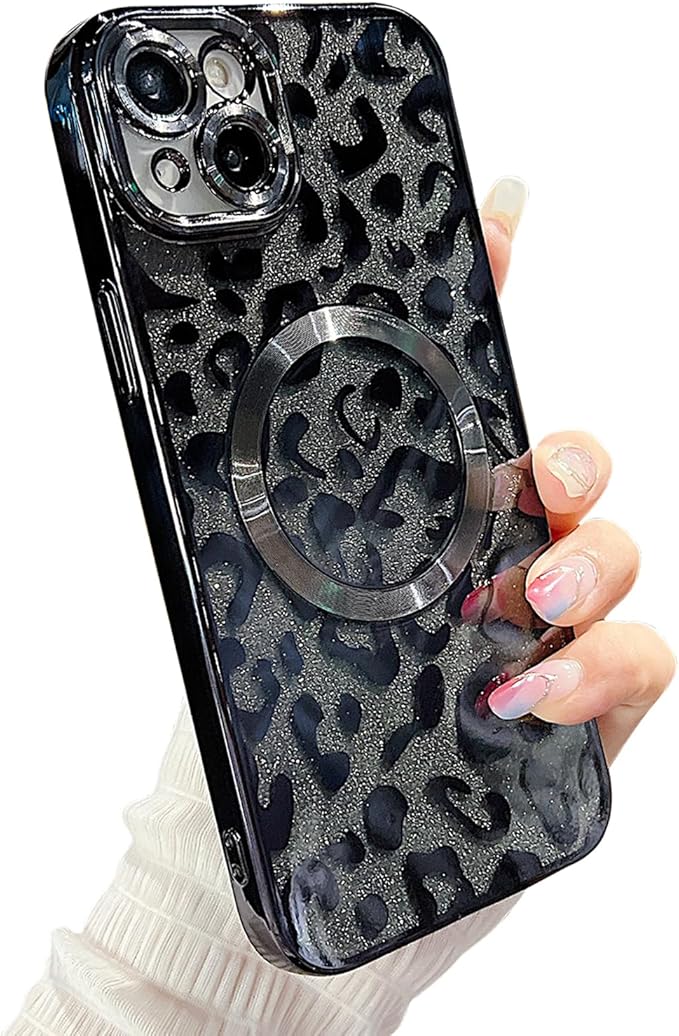 for iPhone 15 Plus Case Magnetic,Soft Cute Luxury Leopard Cheetah Pattern Plating Glitter Bling Phone Case Compatible with MagSafe Clear Shockproof Back Cover for Women Girl 6.7"-Black