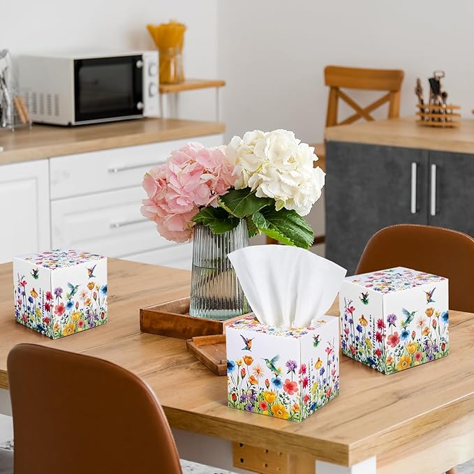 12 Pack Summer Floral Facial Tissues Cube Boxes 600 Sheets 3 Ply Small Square Flower Hummingbird Face Tissues Bulk for Summer Car Bedroom Supplies