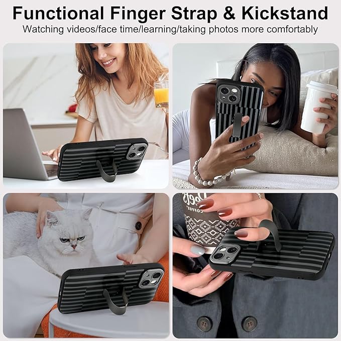 Compatible with iPhone 14 Case with Finger Hand Strap Kickstand, Trendy Cool Striped Phone Case for Women Men, Full Camera Protection Shockproof Protective Cover, Black Stripes