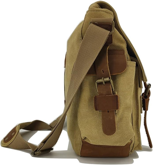 Sechunk Vintage Military Leather Canvas Laptop Bag Messenger Bags Medium