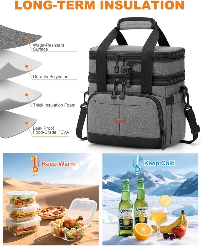 Lunch Box for Men Women Double Deck Insulated Lunch Bag for Men Woman Leakproof Expandable Cooler Bag with Adjustable Shoulder Strap for Work Picnic School(Gray,16L)