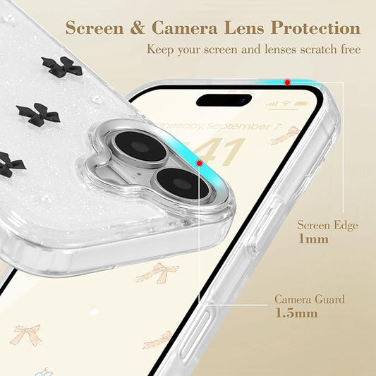 EYZUTAK Case for iPhone 16, Bling Glitter 3D Bowknot Phone Case Cute Sparkly Crystal Clear Bow Aesthetic Design Case Slim Soft Durable TPU Transparent Protective Cover for Women Girl - Black Bow