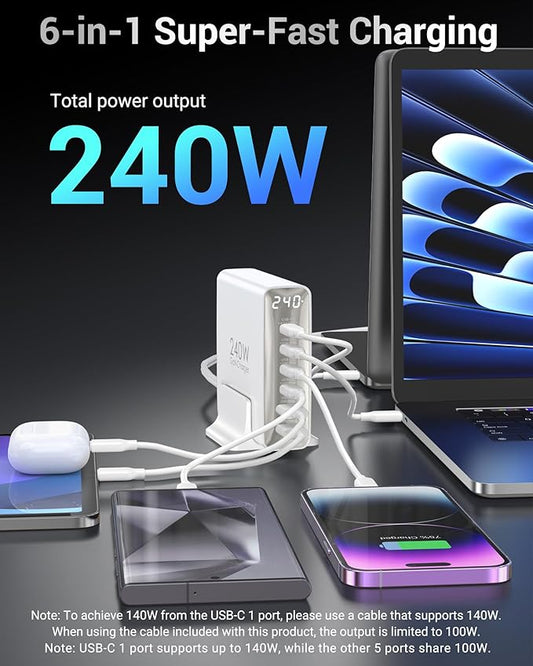 240W USB C Charger 6-Port, PD3.1 GaN Charger with LED Display Desktop Fast Charging Station for MacBook Pro/Air - iPhone Pro - iPad Pro - Dell XPS - Galaxy - Pixel - Laptops and More, White