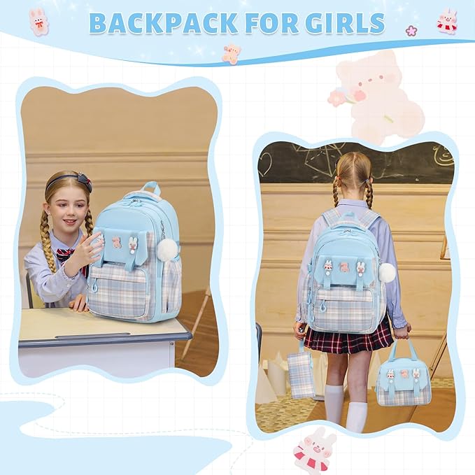Backpack for Girls, 3PCS Kids Girls Backpacks with Lunch Bag Pencil Case for School, Cute Bookbag Teens Backpack for Kindergarten Preschool Elementary Middle School, Blue
