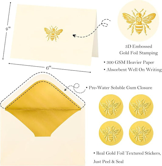 Crisky 50 Pack Blank Cards and Envelopes 4x6, Embossed Gold Foil Bee Blank Greeting Cards Bulk for Wedding, Bridal Shower, Baby Shower, Birthday Party Decoration Favors