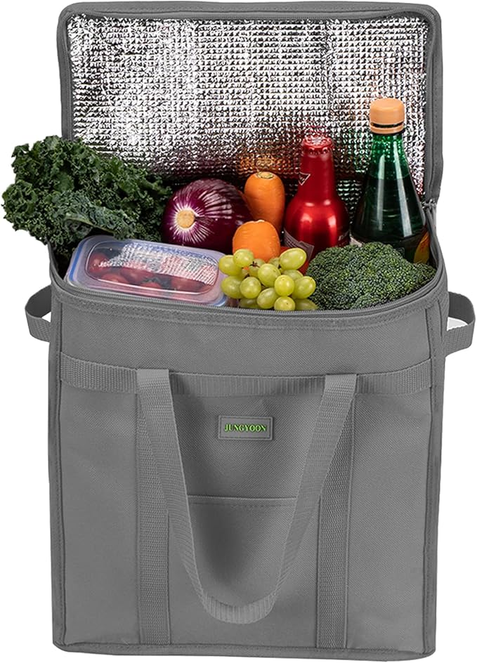 JUNGYOON 2-Pack Heavy-Duty Insulated Grocery Bags & Food Delivery Bag – Collapsible Cooler Bag with Zippered Top | Reusable Shopping Bags for Groceries, Picnics, Easy Storage(M Grey)