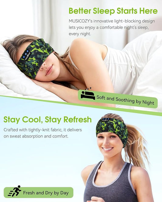 MUSICOZY Sleep Headphones Bluetooth Headband 5.4 Wireless Headband Headphones for Sleeping for Side Sleeper with Ultra-Thin HD Stero Speaker for Workout (Sketch Green)