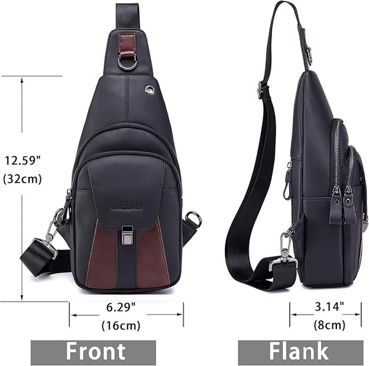 LUKZIJAES Genuine Leather Sling Bag for Men Vintage Crossbody Bag Men Chest Pack Mens Cross Shoulder Bags Hiking Daypacks Travel Backpack (#2-Black)
