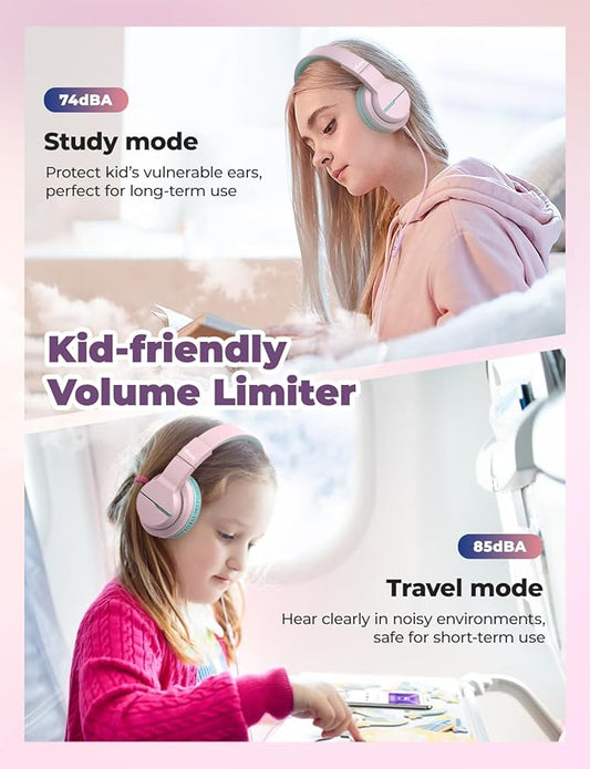 iClever HS19 Kids Headphones with Microphone for School, Safe Volume Limited, Over-Ear Girls Boys Headphones for Kids with Shareport, Foldable Wired for iPad/Travel (Pink)