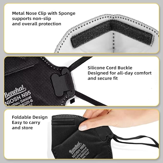 N95 Face Mask Black 50 Pack NIOSH Certified N95 Disposable Respirator 5-Ply Safety Breathable Face Masks Filter Efficiency 95% Adjustable Comfortable Protection Against PM2.5 Dust for Adult Men Women