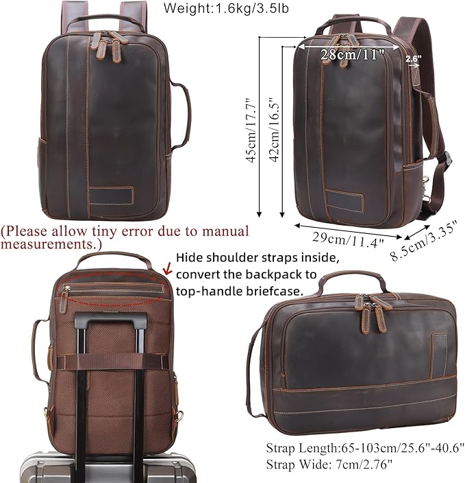 Masa Kawa Leather 15.6" Laptop Backpack for Men Convertible Briefcase Backpacks Expandable Vintage Business Work Travel Rucksack Daypack, Brown