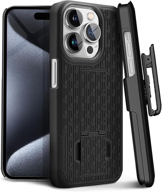 MOTIVE for iPhone 15 Pro Case with Belt Clip, Shell Holster Combo for Apple iPhone 15 Pro Holster, Slim Rugged Case, Drop Shockproof Protective Cover & Kickstand, 6.1 inch | Black