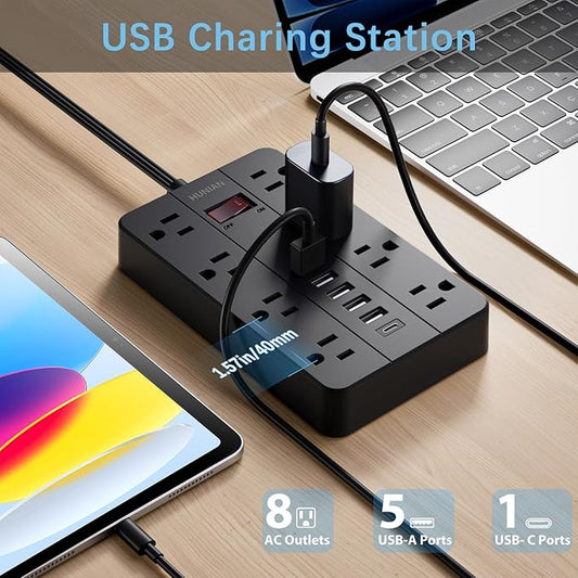 Power Strip Surge Protector, HUNIAN Flat Plug 10 Ft Long Extension Cord with 8 Widely Spaced Outlets 6 USB (1 USB C Port), Wall Mount Charging Station for Home and Office