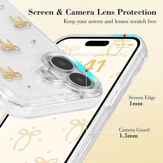 EYZUTAK Case for iPhone 16 Plus, Bling Glitter 3D Bowknot Phone Case Cute Sparkly Crystal Clear Bow Aesthetic Design Case Slim Soft Durable TPU Transparent Protective Cover for Women Girls - Gold Bow