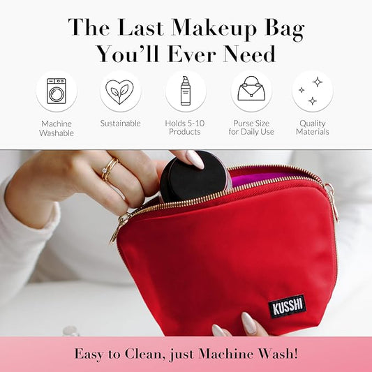 KUSSHI Washable Travel Makeup Bag for Purse (Everyday, Candy Apple Red/Pink)