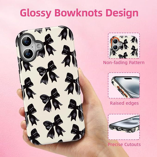 QLTYPRI Case for iPhone 16, Aesthetic Black Ribbon Bow Phone Case for Girls Women, Protective Hybrid 2-Layer Hard Shell Silicone Cover Durable Shockproof Phone Cover - Beige