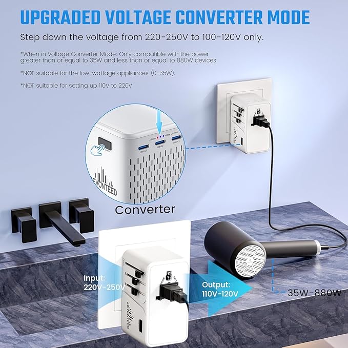 Travelconverter Adapter Voltage Converter That Steps Down 230 Volts to 120 Volts for use in Over 200 Countries,Including The U.S., U.K., Europe, and Australia