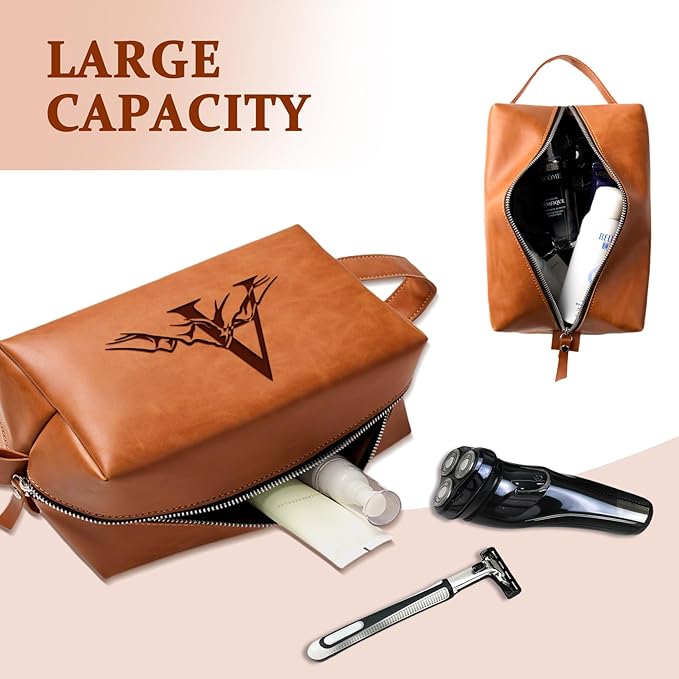 Personalized Gifts Travel Toiletry Bag for Men Engraved Initial PU Leather Waterproof Shaving Bag for Toiletries Accessories Fathers Day Birthday Gift for Men Dad Husband Son, Light Brown L