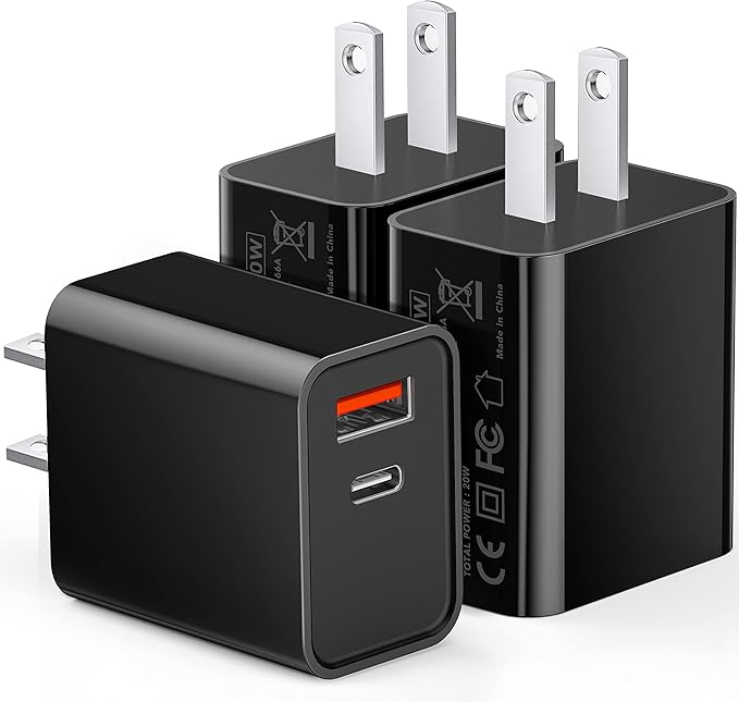 3 Pack Type C Charger, Dual Port USB C Wall Plug 20W PD & QC3.0 USB A Fast Charging Block for Samsung Galaxy S24 S23/S3+/S23 Ultra/S22/S22+/S22 FE/Note 20 Ultra/10, iPhone 16/15 Brick Box(Black)