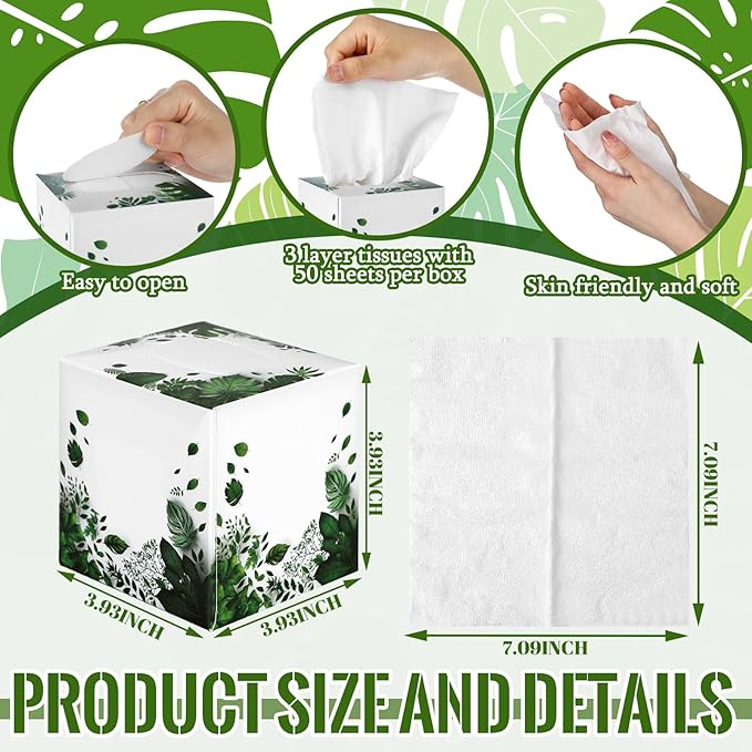 12 Pack Summer Green Tropical Leaves Facial Tissues Cube Boxes 600 Sheets 3 Ply Small Square Face Tissues Bulk for Summer Car Bedroom Supplies