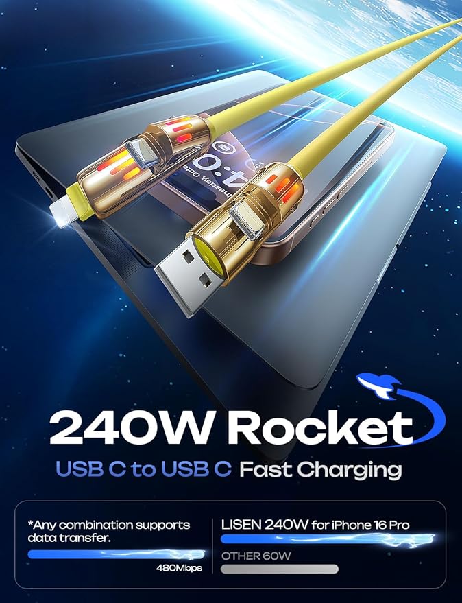 LISEN 6.6FT 240W 4-in-1 Multi Charging Cable, USB A/C to C/L, Yellow, for iPhone 16/15/14 Pro Max/MacBook/iPad Pro/Samsung Galaxy