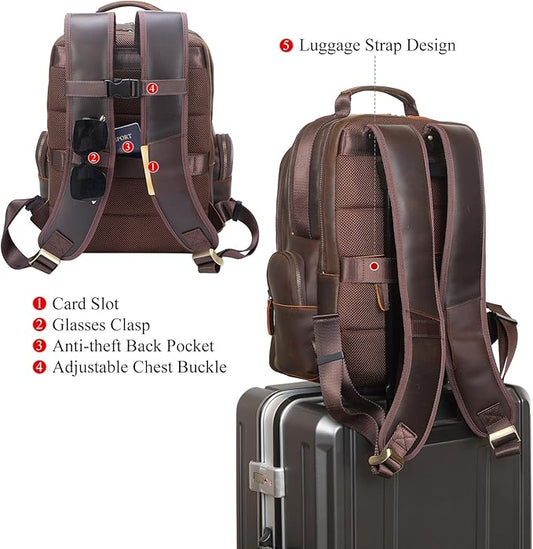 TIDING Vintage Full Grain Leather 15.6 Inch Laptop Backpack for Men Large Capacity Travel Rucksack Weekender Camping Daypacks