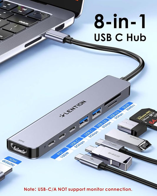 LENTION 8 in 1 USB C Hub with 4K@60Hz HDMI Adapter, 2 USB C Data & 2 USB 3.0 Port, 100W PD, SD/Micro SD Card Reader for 2016-2024 MacBook Pro M4, New Mac Air/Surface, More, (CB-CE19, Space Gray)