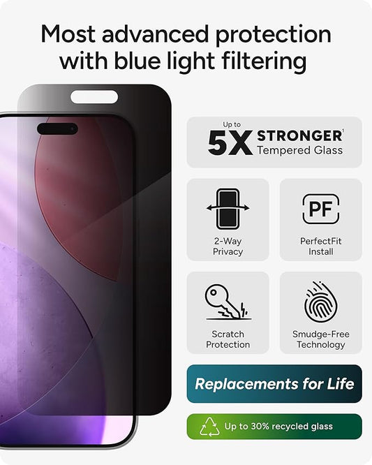 ZAGG Glass Elite Privacy Screen Protector for iPhone 17 Pro - 2-Way Privacy Filter, 5X Stronger, Fingerprint-Resistant, InvisibleShield, Easy Two-Step Installation