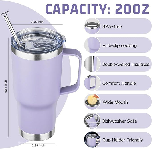 20 oz Tumbler with Handle Stainless Steel Insulated Coffee Mug Tumbler with Lid and Straw Double Wall Vacuum Insulated Coffee Mug Leak Proof Travel Tumbler for Hot and Cold Drink (Pale Purple,1pack)
