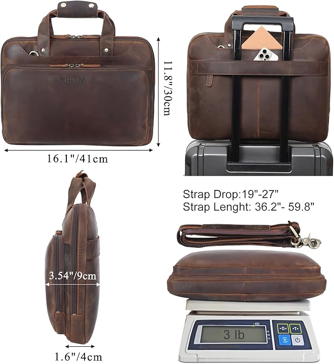 Masa Kawa Leather Laptop Briefcase for Men Fits 15.6" Computer Slim Crossbody Shoulder Messenger Bag Attache Case for Business Work, Vintage Brown