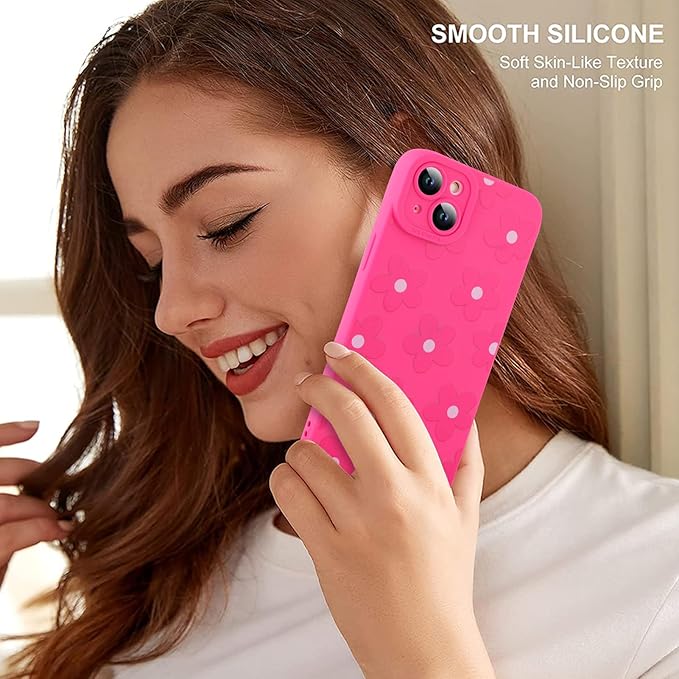 ZIYE for iPhone 15 Case Hot Pink Flower Pattern Phone Case with Camera Protection,Soft TPU Silicone Rubber Protective Cover Floral Design Cases Compatible with iPhone 15 6.1 Inch