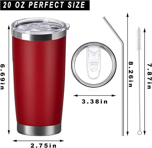 20oz insulted tumblers stainless steel cup Tumbler Bulk with push Lid, and metal straw powder coated coffee cup for cold and hot drinking (48, red)