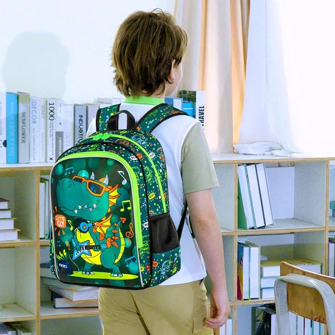 Boys Backpack, 16" Dinosaur Kids Bookbag with Lunch Box, 3Pcs Dino School Backpacks for Elementary Preschool Kindergarten (Green)