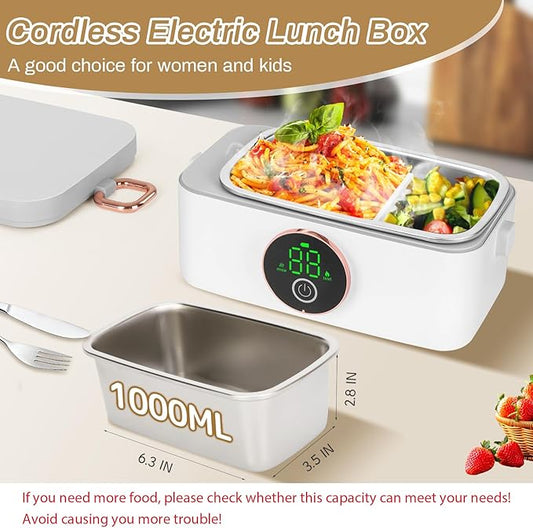 Cordless Electric Lunch Box, 1L Self heating lunch box Battery Powered with Automatic Heating, 16000mAH Rechargeable Battery Provid Rapid Heating, Designed for Car, Office, Travel, Picnic & outdoor