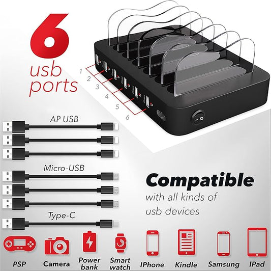 USB Charging Station 6-Ports - Fast Charging Station for Multiple Devices Apple - Multi Device Charger Station Dock - Compatible with Apple iPad, iPhone, Android, and Tablet