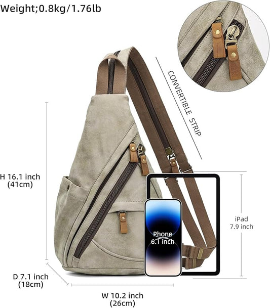 KL928 PU Leather Sling Bag - Small Crossbody Backpack Shoulder Casual Daypack Rucksack for Men Women Outdoor Cycling Hiking Travel (6881-PU-Olive Green)