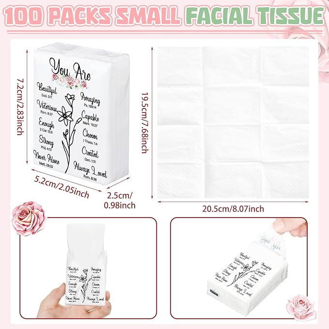 Therwen 100 Pack Pocket Tissues Travel Packs Bulk 1000 Sheet Mini Tissues Bulk 3 Ply Small Travel Size Paper Individual Pocket Size (Inspirational)