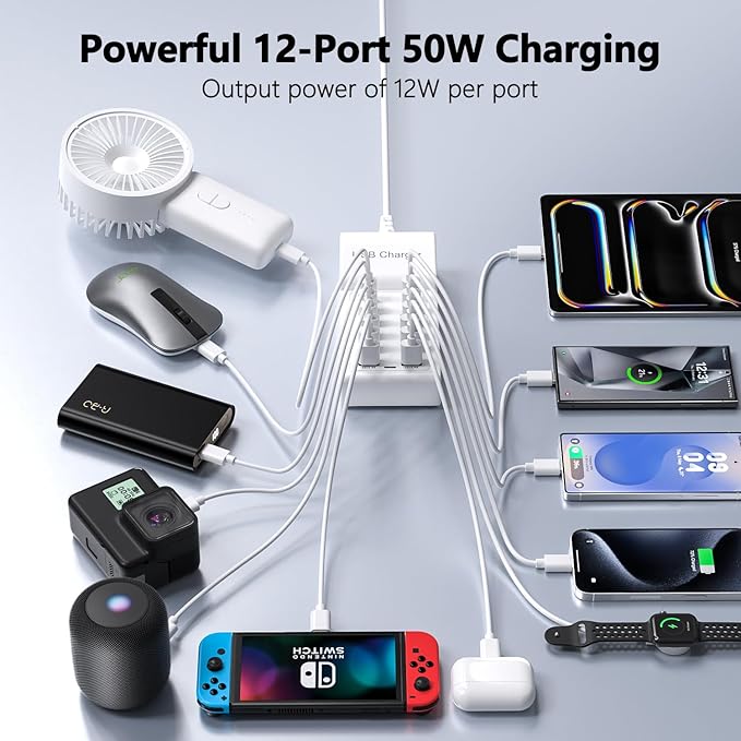 12-Port USB Charger 50W USB Charging Station, Fast Charger Hub for iPhone 15/14/13/12/Samsung/Tablet/Watch/Headphones/Laptop/Multiple Devices
