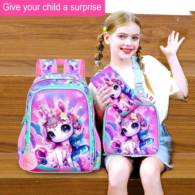 16" Unicorn Backpack for Girls, 3Pcs Kids School Backpacks with Lunch Box, Bookbag for Elementary Preschool Kindergarten(Pink)