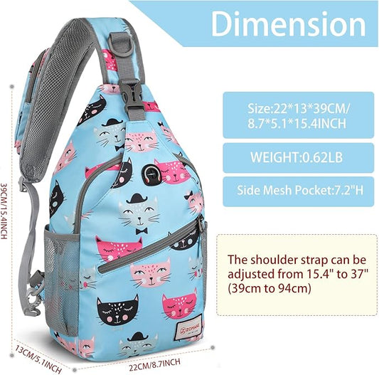 ZOMAKE Sling Bag,Small Crossbody Sling Backpack,Water Resistant Shoulder Daypack for Travel,Anti Thief Chest Bag for Hiking(Cat'S Head Light Blue)