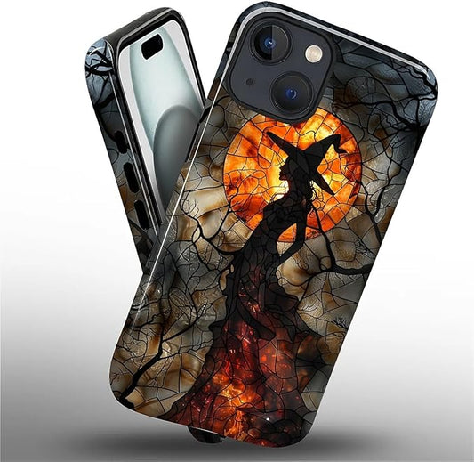 Case for iPhone 15 Case,Halloween Witch Moon Stained Glass Design - Hybrid Dual Protection Silicone + Hard PC Shockproof Full Body Cover Slim Anti-Scratch Protective Case for Men Women