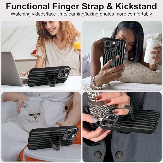 Compatible with iPhone 15 Pro Case with Finger Hand Strap Kickstand, Trendy Cool Striped Phone Case for Women Men, Full Camera Protection Shockproof Protective Cover, Black Stripes