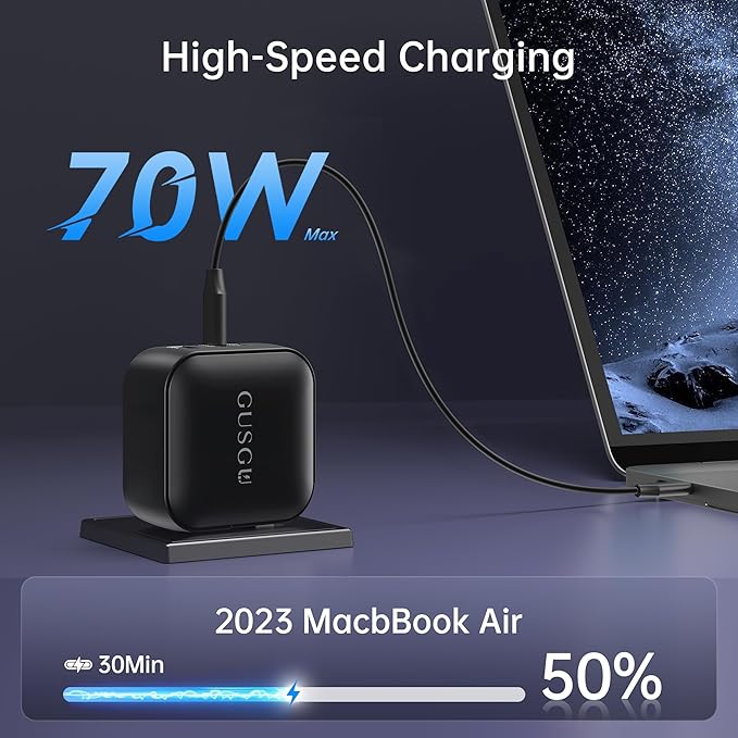 GUSGU A70 70W USB-C Charger, 3-Port Fast Wall Charger Block with Foldable Plug for MacBook Pro/Air, Dell XPS, Acer Aspire, Lenovo, iPad, iPhone 16/15, Galaxy S24/S23, Pixel 8, Steam Deck and More