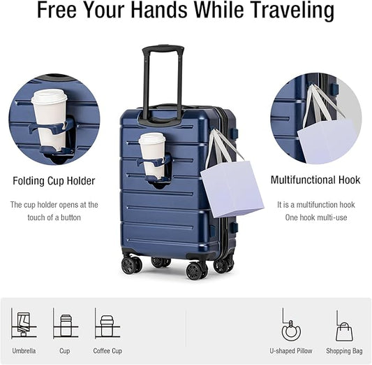 KYME Carry On Luggage 22x14x9 Airline Approved with Cup Holder Hardside Carry On Suitcase with Spinner Wheels TSA Lock Hardshell 22 inch Travel Rolling Luggage for Women Men Navy