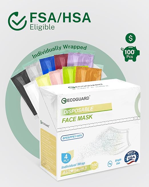 Disposable Face Masks Made in USA, 4 Ply for Families, Students, Breathable All-Day Wear & Safety, FSA HSA Eligible, ASTM Level 3 Medical Grade, 100 Pack Individual Wrap, Midnight Pastel