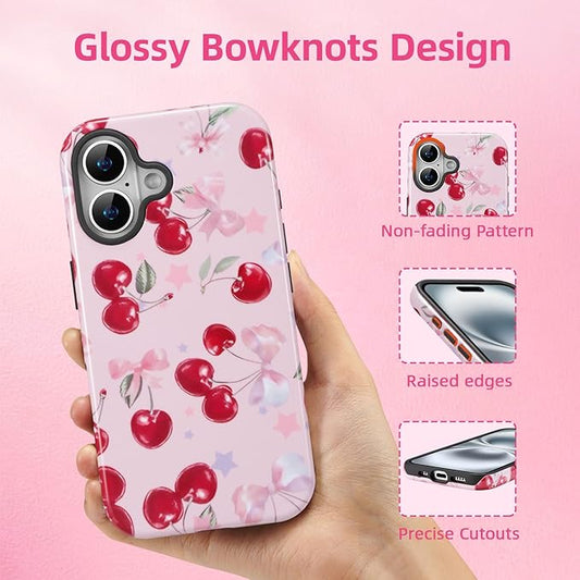 QLTYPRI Case for iPhone 16 Plus, Aesthetic Cute Pink Cherry Bow Phone Case for Girls Women, Protective Hybrid 2-Layer Hard Shell Silicone Cover Durable Shockproof Phone Cover - Pink