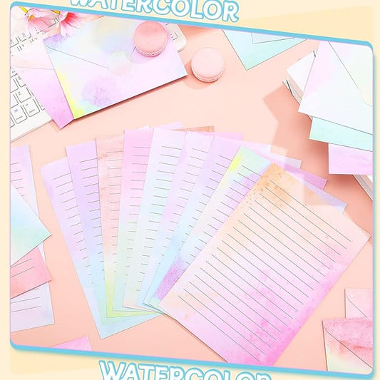 TaoBary 160 Pcs Stationery Paper Set 50 Double Sided Stationery Papers with 50 Matching Envelopes and 60 Round Dot Sticker, 10 Design(Watercolor,5.5 x 8.25 Inch)